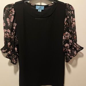 CeCe Black Blouse with Pink Floral Puff Sleeves